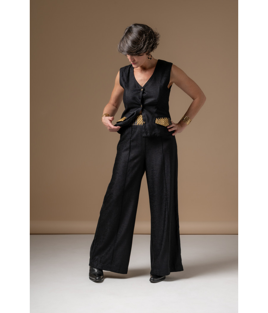 Black Vest & Wide-Leg Pants Set with Gold Embroidery | AS'FALL Black Vest & Wide-Leg Pants Set with Gold Embroidery | AS'FALL
