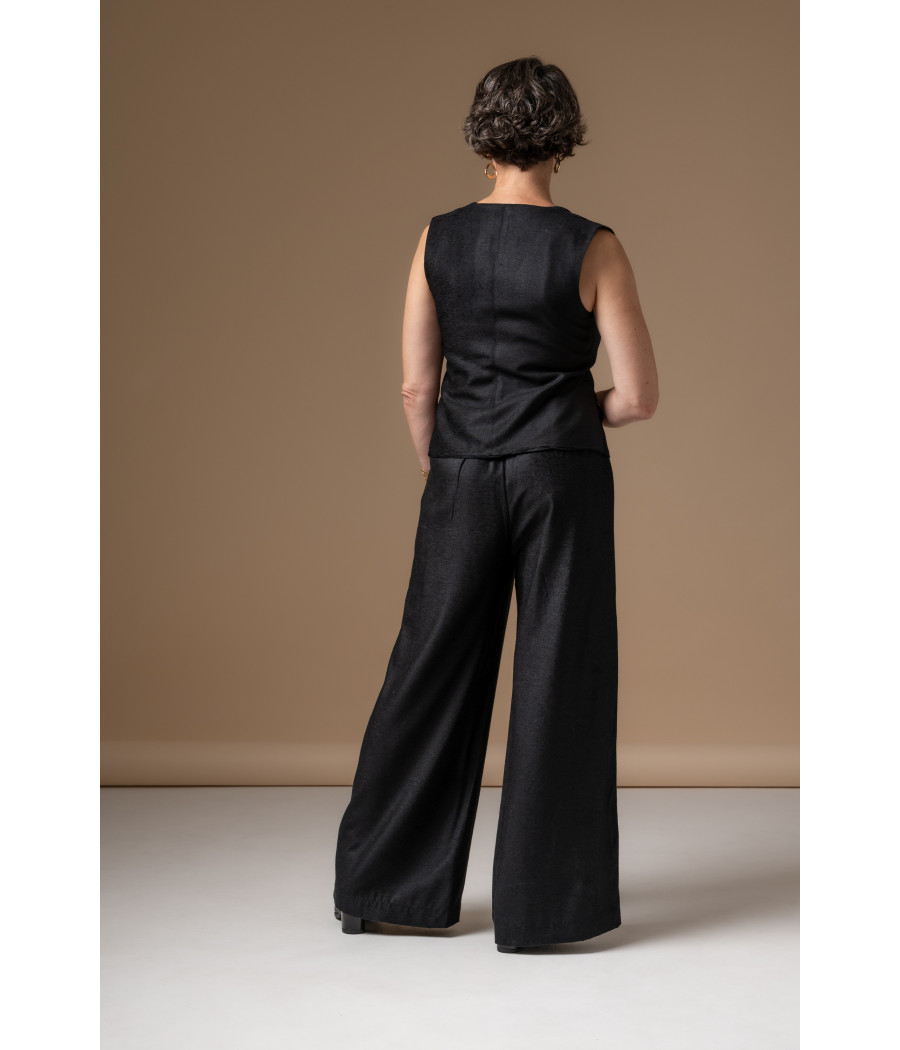 Black Vest & Wide-Leg Pants Set with Gold Embroidery | AS'FALL