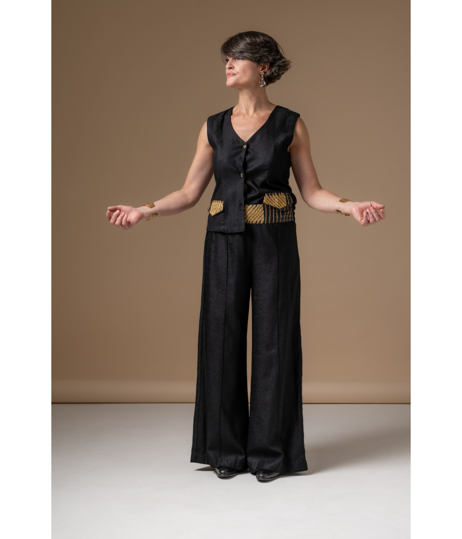Black Vest & Wide-Leg Pants Set with Gold Embroidery | AS'FALL