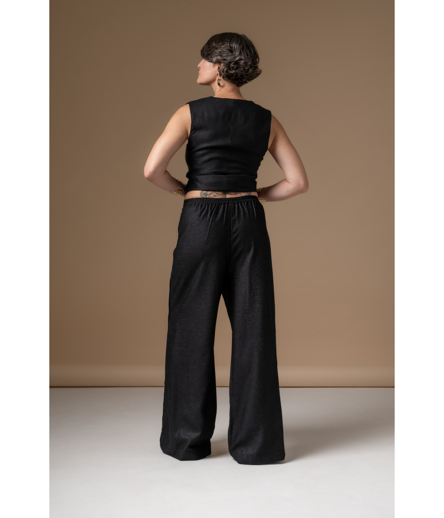 Black Vest & Wide-Leg Pants Set with Gold Embroidery | AS'FALL Black Vest & Wide-Leg Pants Set with Gold Embroidery | AS'FALL