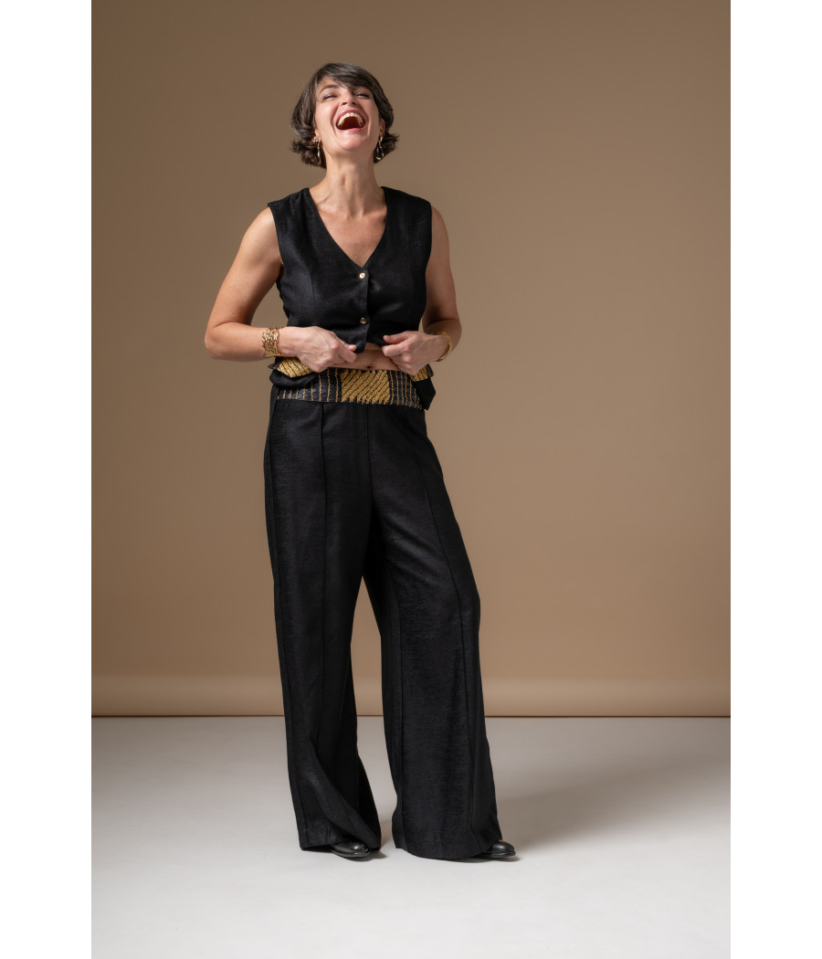 Black Vest & Wide-Leg Pants Set with Gold Embroidery | AS'FALL