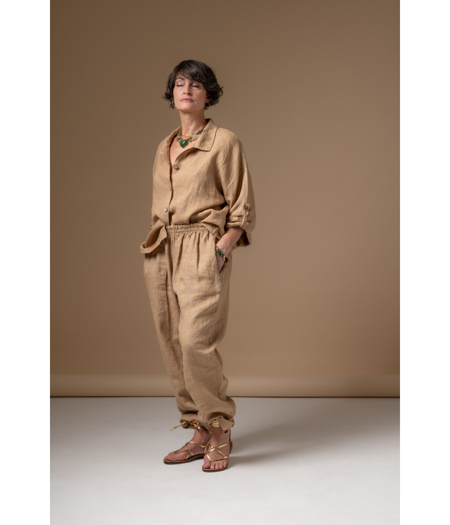 Coffee Linen Trousers with Elastic Waist & Pockets | AS'FALL