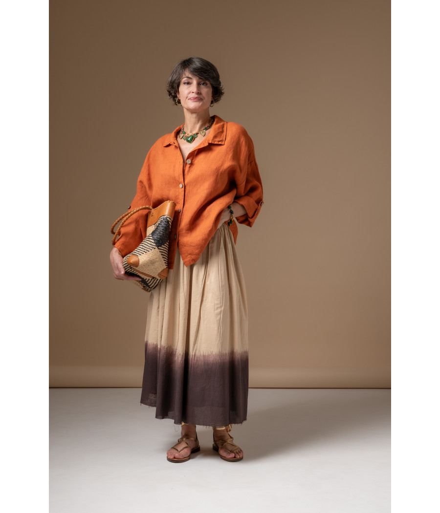 Two-Tone Skirt & Bright Orange Linen Shirt | AS'FALL Two-Tone Skirt & Bright Orange Linen Shirt | AS'FALL