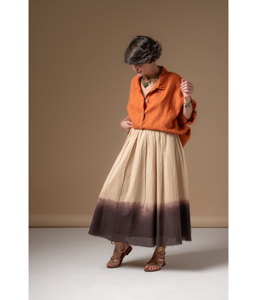 Two-Tone Skirt & Bright Orange Linen Shirt | AS'FALL
