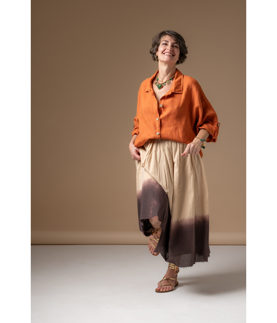 Two-Tone Skirt & Bright Orange Linen Shirt | AS'FALL
