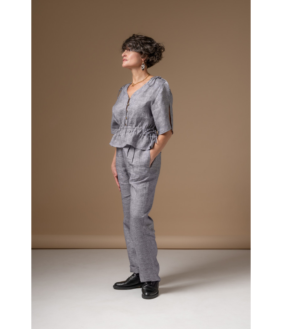 Blue Fine-Check Linen Set – Adjustable Top & Tailored Pants | AS'FALL Blue Fine-Check Linen Set – Adjustable Top & Tailored Pants | AS'FALL