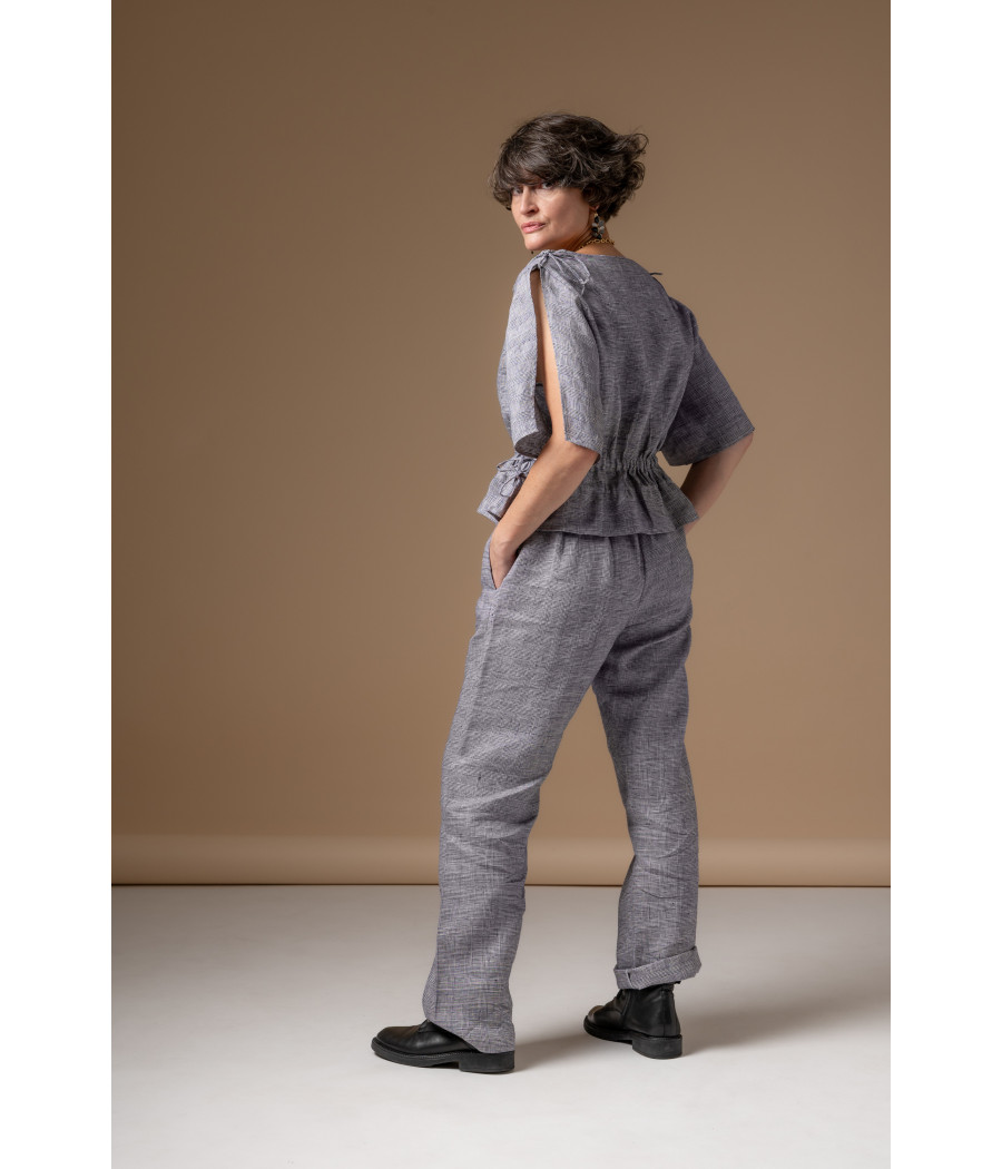 Blue Fine-Check Linen Set – Adjustable Top & Tailored Pants | AS'FALL Blue Fine-Check Linen Set – Adjustable Top & Tailored Pants | AS'FALL