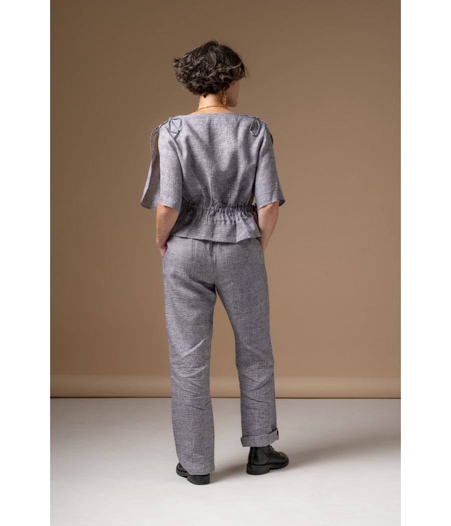 Blue Fine-Check Linen Set – Adjustable Top & Tailored Pants | AS'FALL Blue Fine-Check Linen Set – Adjustable Top & Tailored Pants | AS'FALL