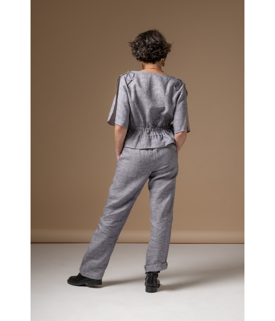 Blue Fine-Check Linen Set – Adjustable Top & Tailored Pants | AS'FALL Blue Fine-Check Linen Set – Adjustable Top & Tailored Pants | AS'FALL