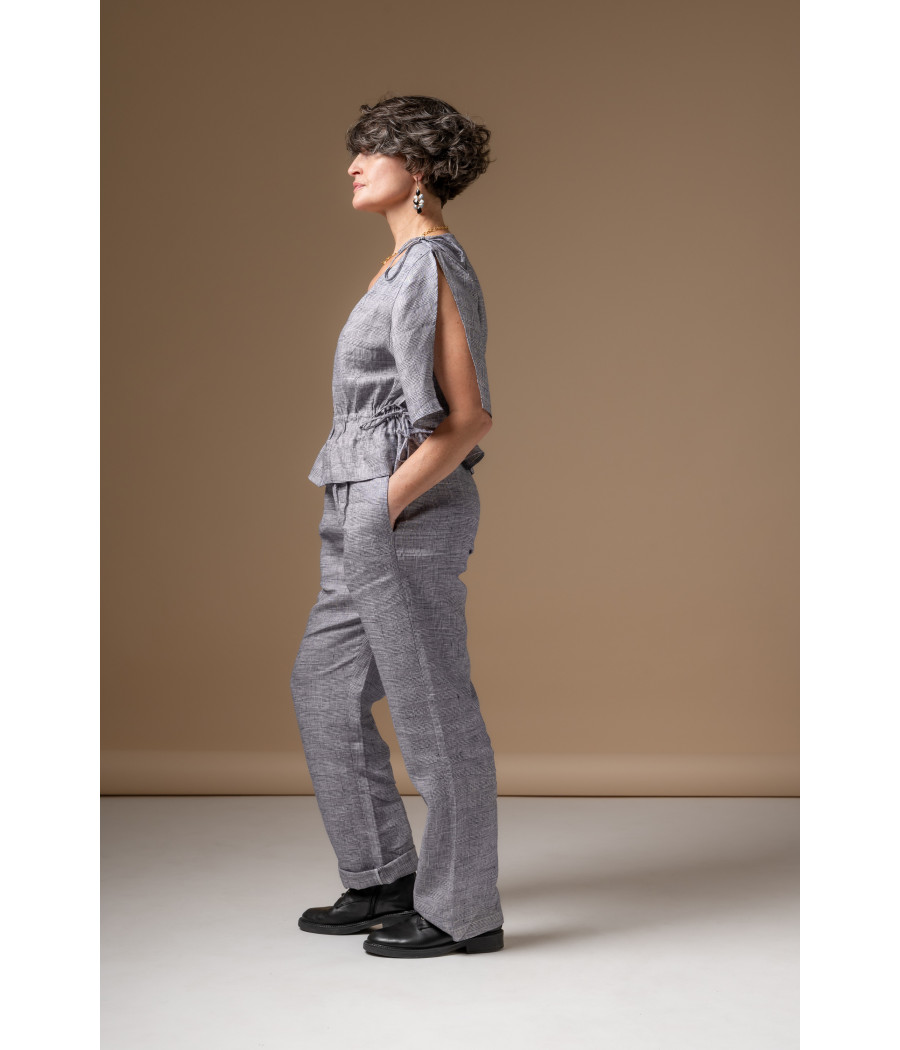 Blue Fine-Check Linen Set – Adjustable Top & Tailored Pants | AS'FALL Blue Fine-Check Linen Set – Adjustable Top & Tailored Pants | AS'FALL