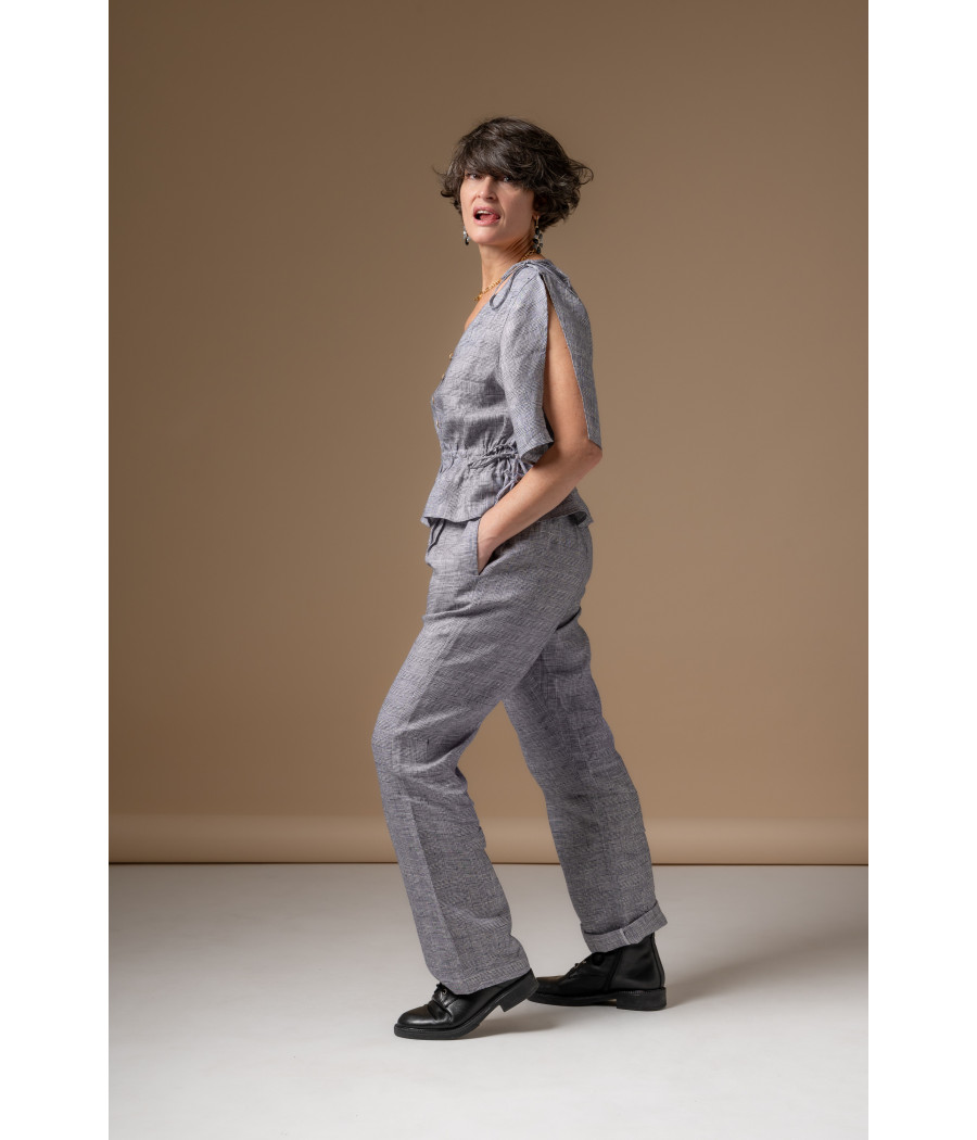 Blue Fine-Check Linen Set – Adjustable Top & Tailored Pants | AS'FALL Blue Fine-Check Linen Set – Adjustable Top & Tailored Pants | AS'FALL