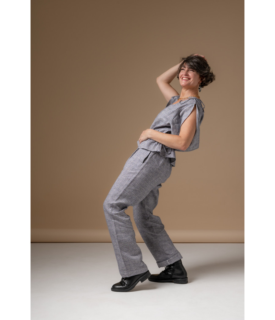 Blue Fine-Check Linen Set – Adjustable Top & Tailored Pants | AS'FALL Blue Fine-Check Linen Set – Adjustable Top & Tailored Pants | AS'FALL