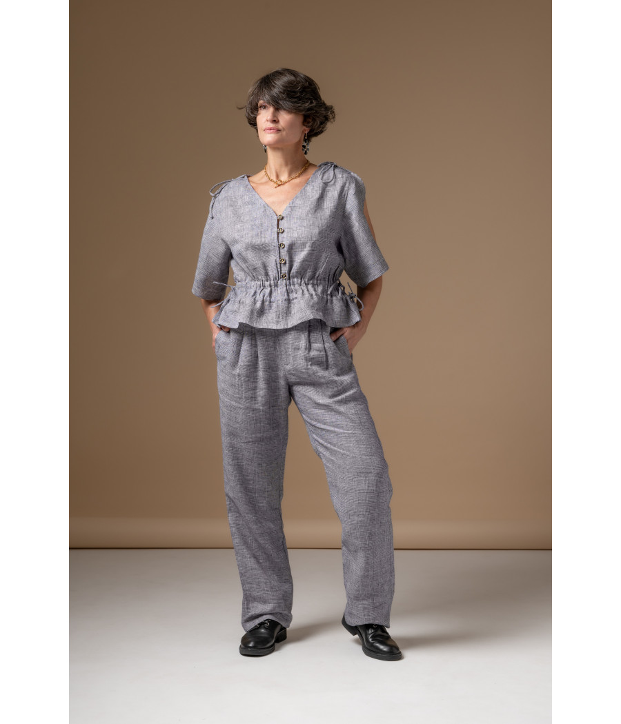 Blue Fine-Check Linen Set – Adjustable Top & Tailored Pants | AS'FALL Blue Fine-Check Linen Set – Adjustable Top & Tailored Pants | AS'FALL