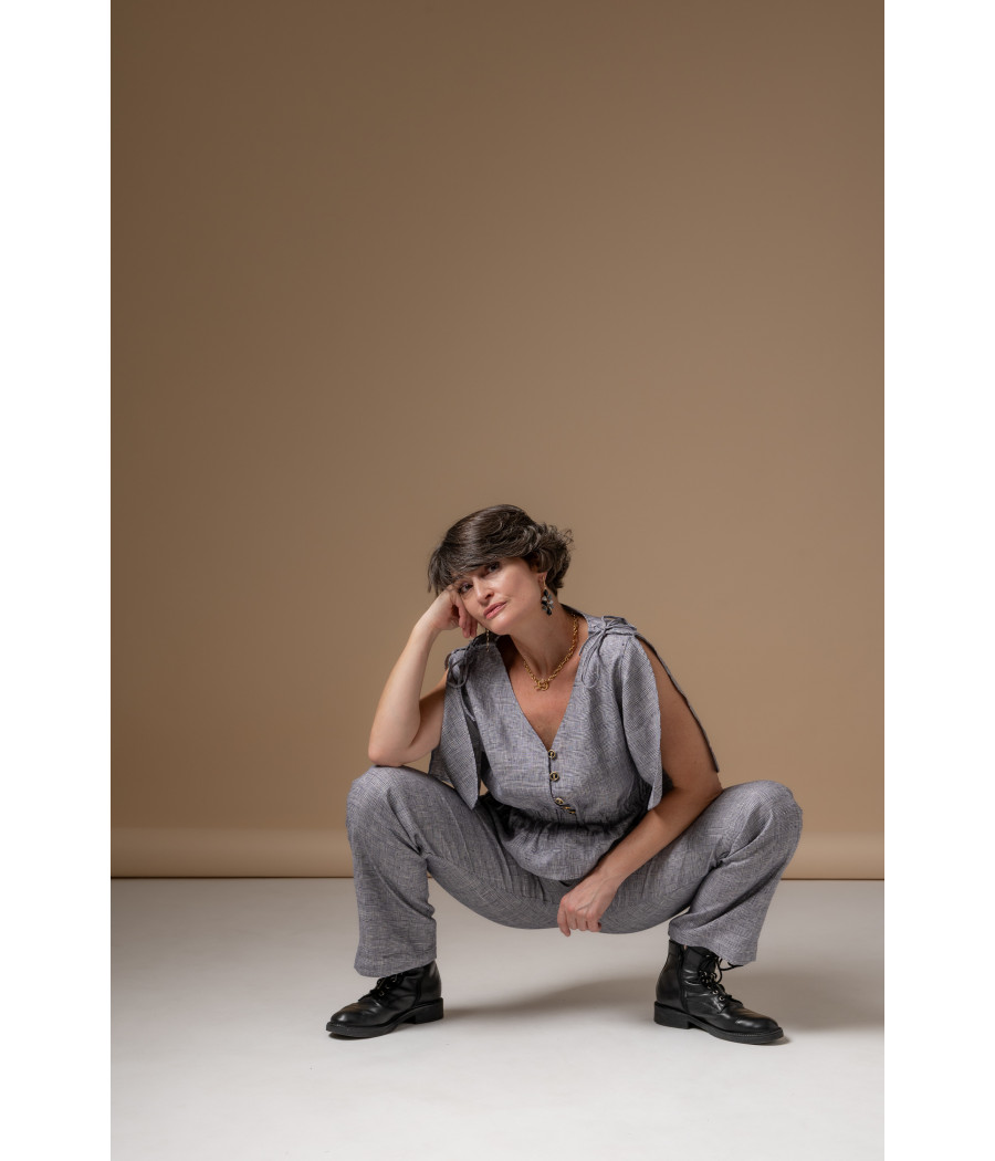 Blue Fine-Check Linen Set – Adjustable Top & Tailored Pants | AS'FALL Blue Fine-Check Linen Set – Adjustable Top & Tailored Pants | AS'FALL