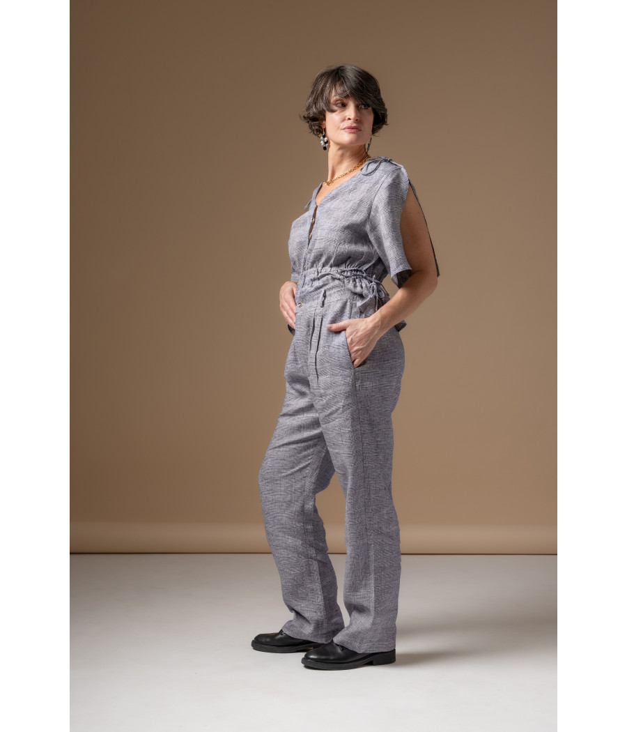 Blue Fine-Check Linen Set – Adjustable Top & Tailored Pants | AS'FALL Blue Fine-Check Linen Set – Adjustable Top & Tailored Pants | AS'FALL