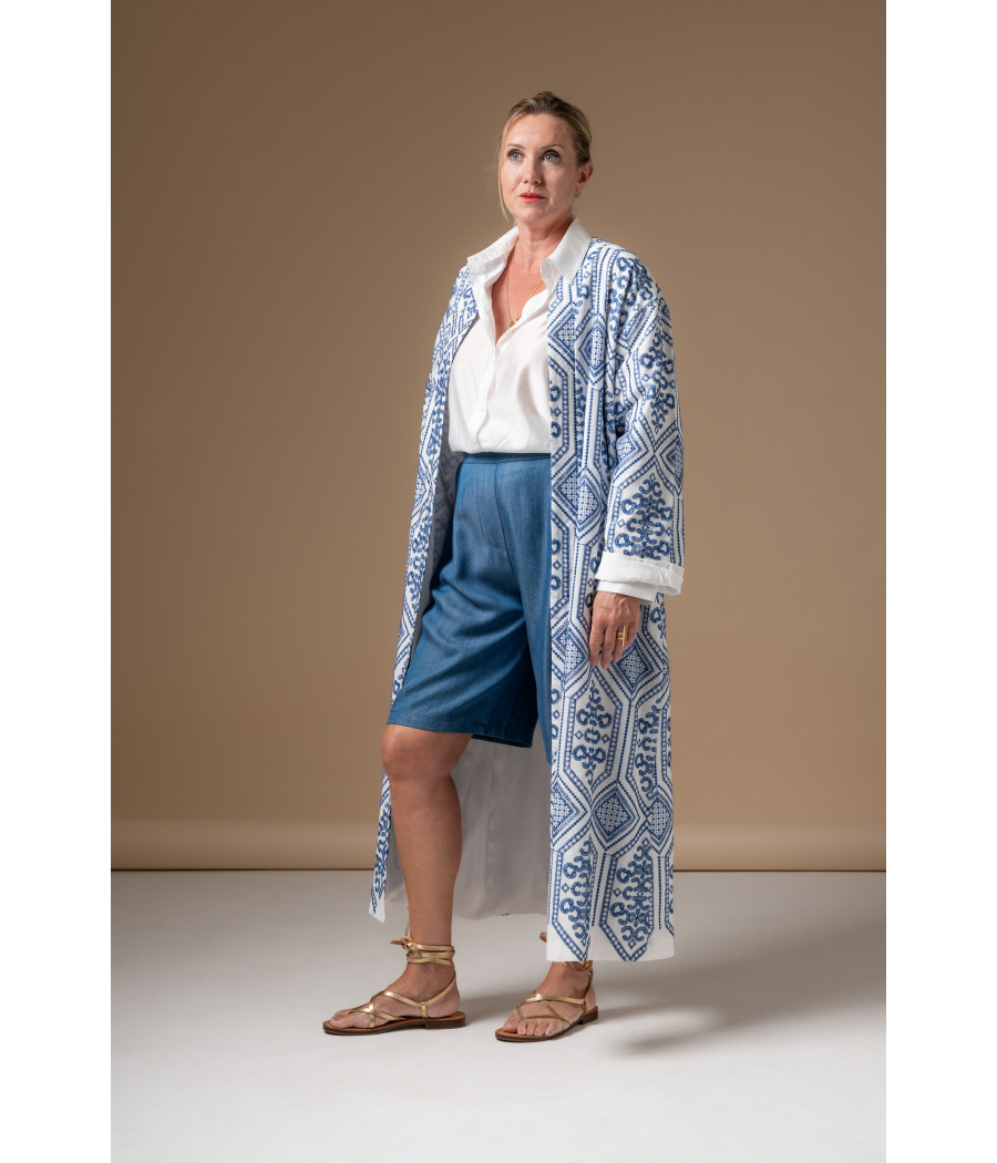 Blue Fine-Check Linen Set – Adjustable Top & Tailored Trousers AS'FALL Blue Fine-Check Linen Set – Adjustable Top & Tailored Trousers AS'FALL