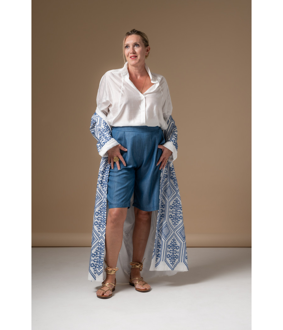 Blue Fine-Check Linen Set – Adjustable Top & Tailored Trousers AS'FALL Blue Fine-Check Linen Set – Adjustable Top & Tailored Trousers AS'FALL