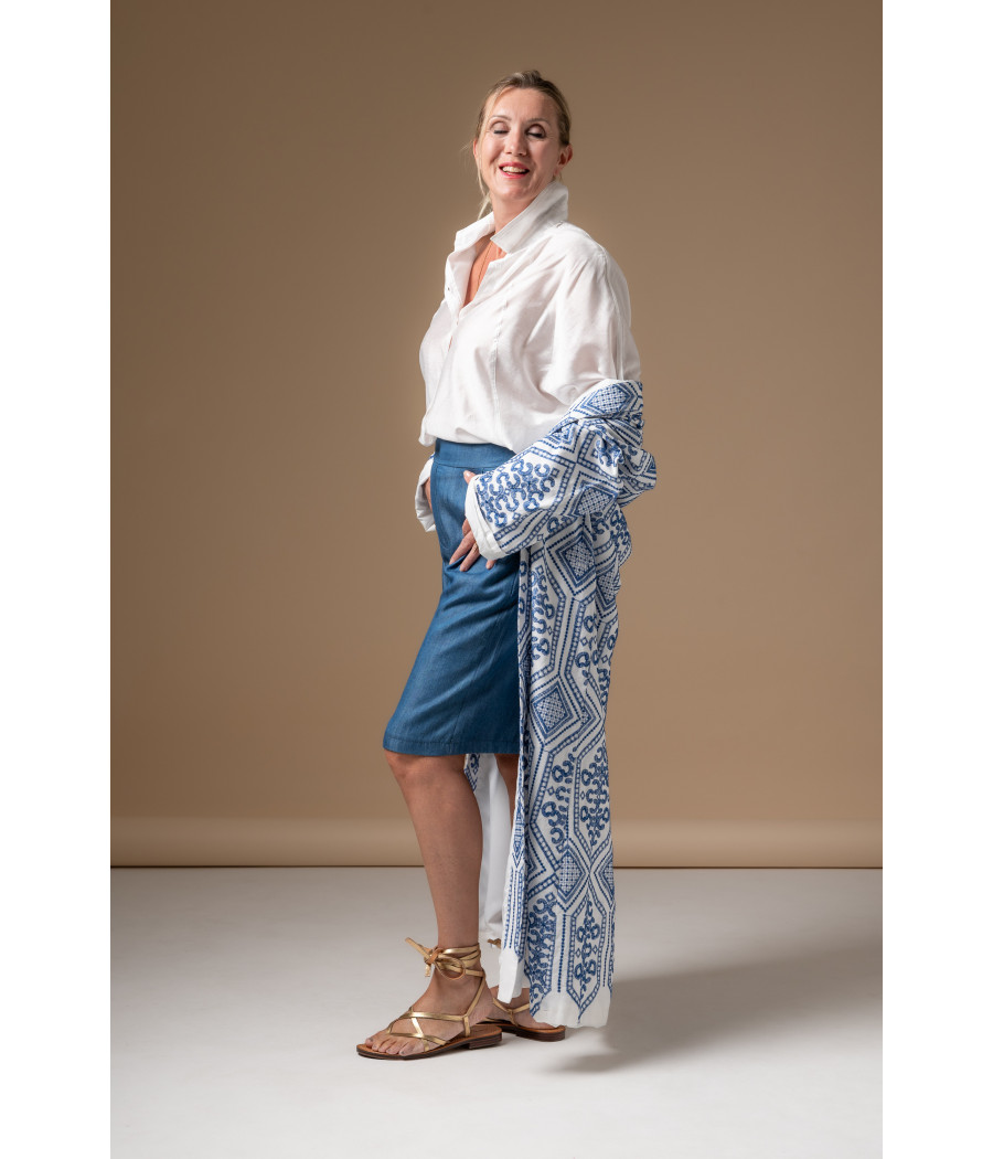 Blue Fine-Check Linen Set – Adjustable Top & Tailored Trousers AS'FALL Blue Fine-Check Linen Set – Adjustable Top & Tailored Trousers AS'FALL